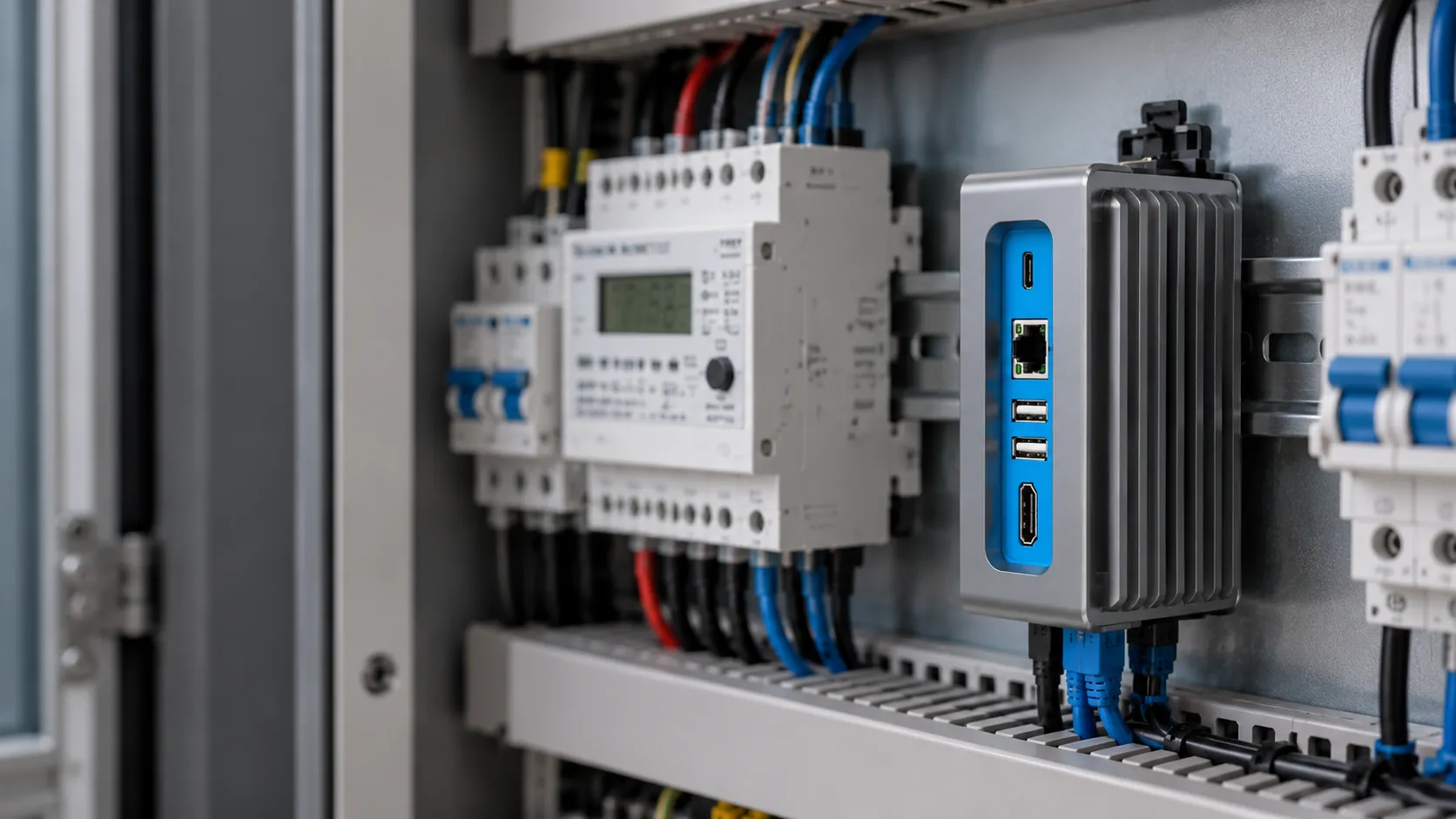 Edge processing hardware mounted beside industrial controls inside a plant cabinet