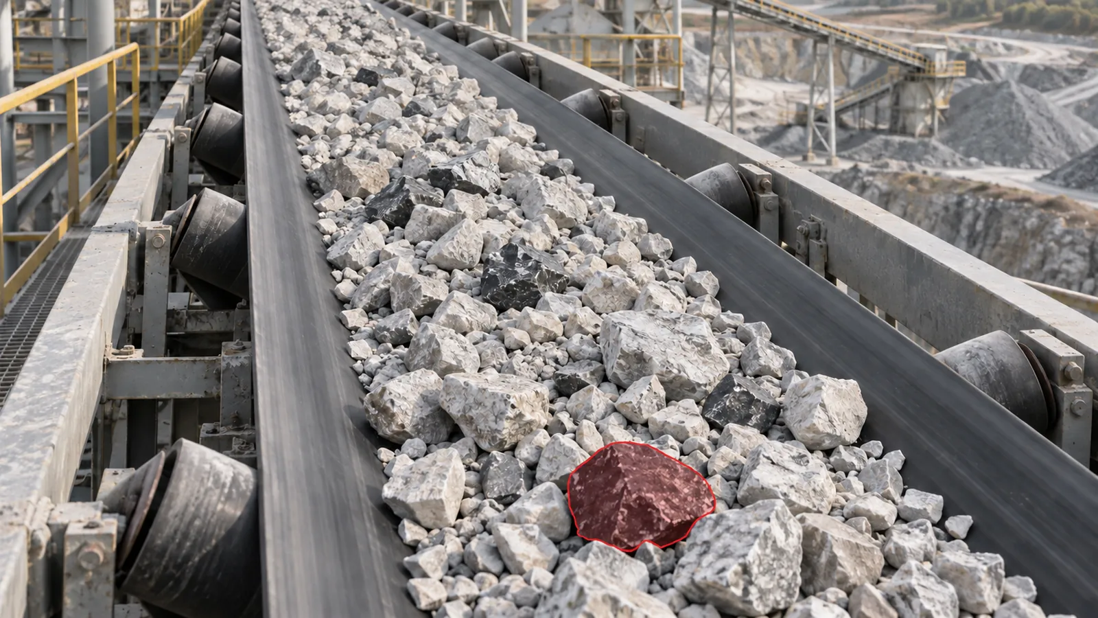 Rock conveyor carrying pale aggregate and darker material, with a visible rock highlighted